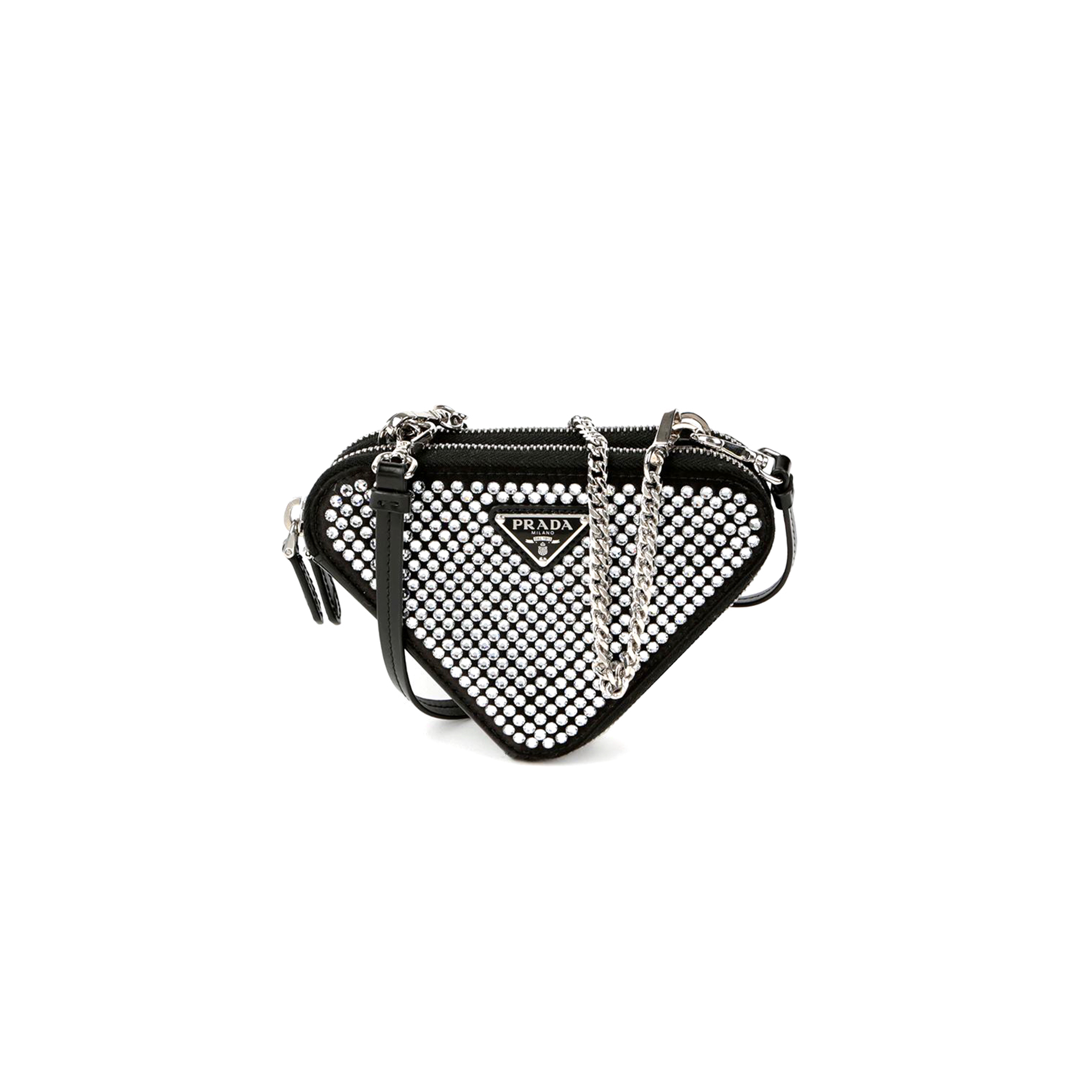 PRADA TRIANGULAR EMBELLISHED SATIN AND LEATHER MINI-POUCH 1NR015 (15*15*10cm)